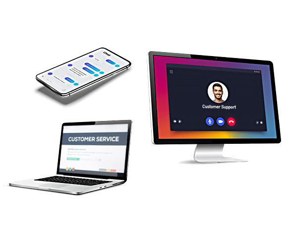 Omnichannel customer service examples: a phone showing in-app chat, a laptop showing customer service and a computer screen showing customer support.